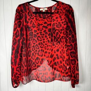 Ya LA Y2K Red Sheer Leopard Print Top Split Back Party Date Night Silk Blend M